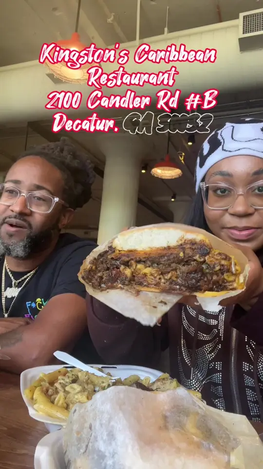Kingston's Caribbean restaurant in Decatur showing food review, jerk chicken, rasta pasta, stew chicken, beef patties, video by callmecandace.tv on TikTok