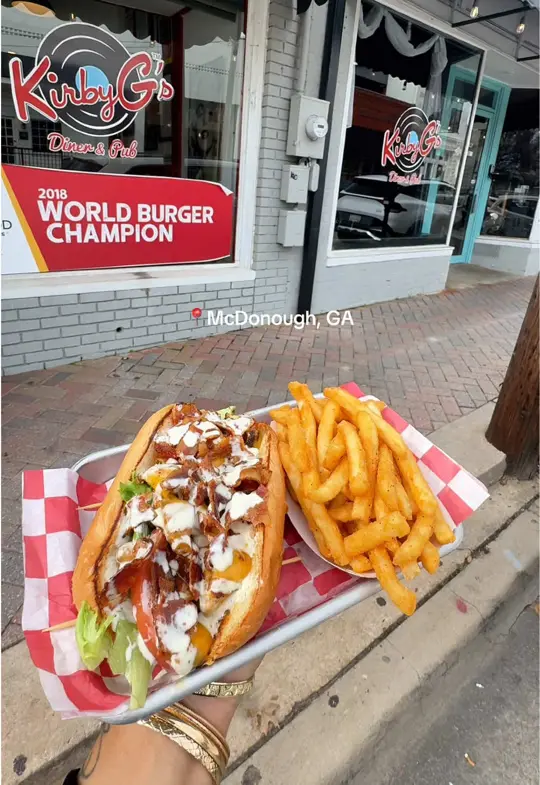 KirbyG’s Diner in McDonough showing food review, buffalo sliders, chicken bacon ranch, burger, milk shake, video by shannonshanaye on TikTok