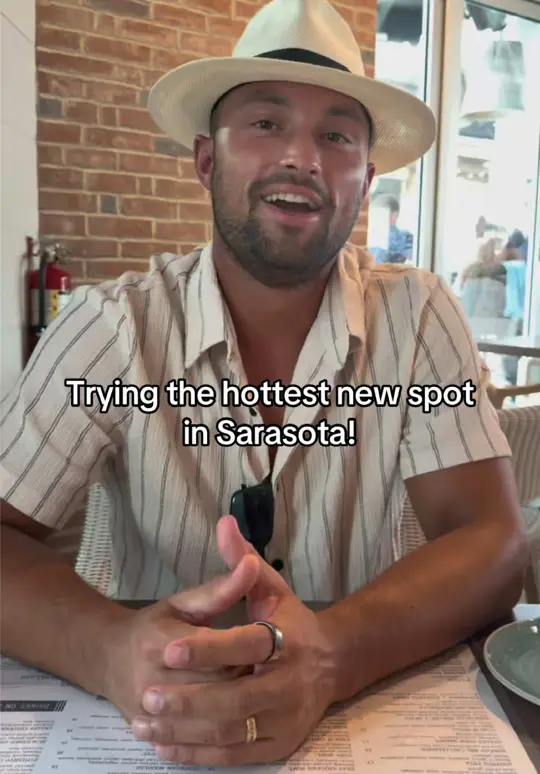 Kitchen Social in Sarasota showing review, appetizer, whipped feta, main course, thai chicken bowl, blackened shrimp camp, fish and chips, chicken katsu, dessert, brown butter cake, video by bites_with_b on TikTok