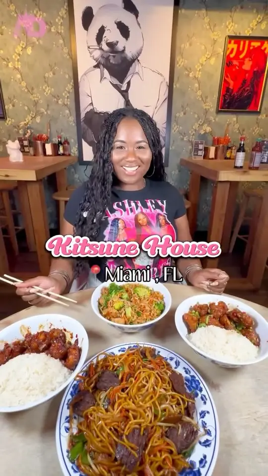 Kitsune House in Miami showing food, honey garlic chicken, food, general tso’s shrimp, food, steak lo mein, food, veggie spring rolls, food, kitsune fried rice, dessert, oreo, video by Ashley Desires on Facebook
