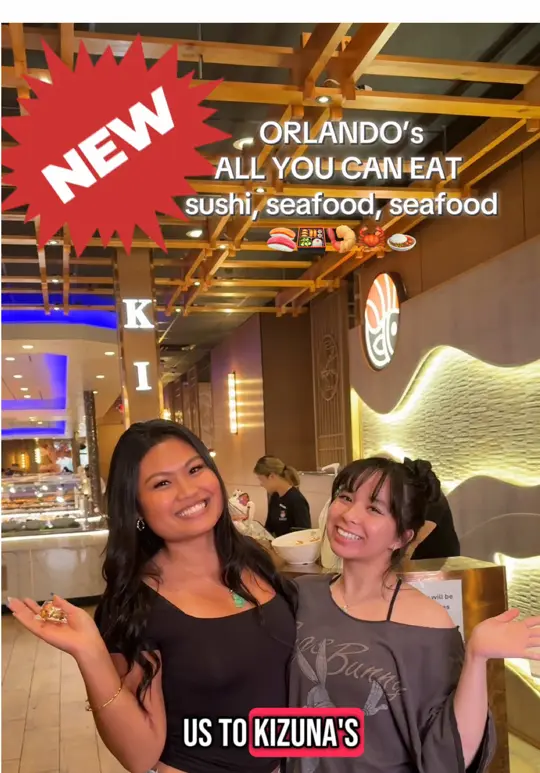 Kizuna Asian Buffet & Sushi in Orlando showing buffet, salmon belly sashimi, salmon sushi, crab rangoons, salt and pepper crab, siu mai & dumplings, video by binminmunch on TikTok