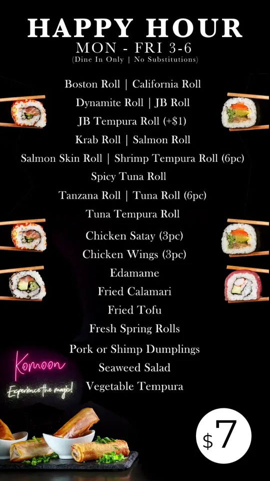 Komoon Thai Sushi & Ceviche in Naples showing happy hour, drinks, meal, video by Komoon Thai Sushi & Ceviche Restaurant on Facebook