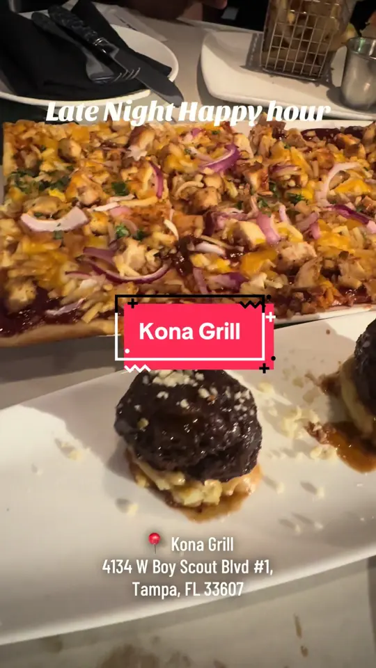 Kona Grill - Tampa in Tampa showing food, ribeye meatballs, bbq chicken flatbread pizza, sliders with fries, video by ruga_relz on TikTok