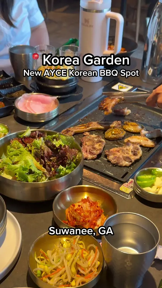 Korea Garden BBQ Restaurant in Suwanee showing restaurant, all-you-can-eat, korean bbq, premium meats, side bar, dessert, video by mis.shelly on TikTok