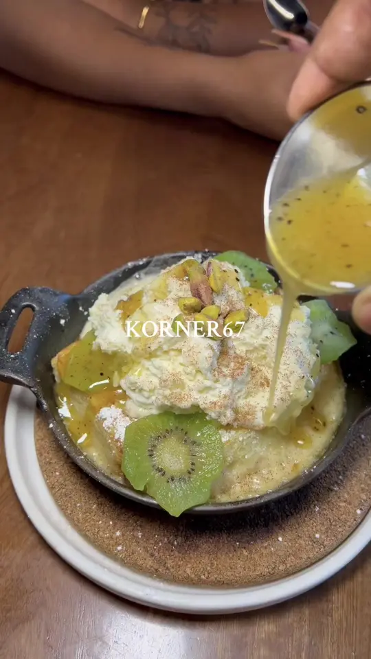 Korner 67 in Miami showing review, visit, dessert, bread pudding, video by sk8natethefoodie on TikTok
