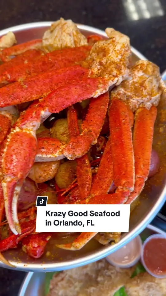 Krazy Good Food in Orlando showing restaurant visit, seafood feast, krazy feast, in-house drinks, in-house desserts, video by christinainitalia on TikTok