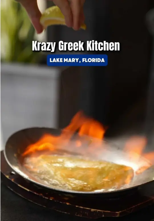 Krazy Greek Kitchen in Lake Mary showing restaurant, authentic greek cuisine, flaming saganaki, warm pita with house-made dips, dubai-inspired dessert, video by neverboredinorlando on TikTok