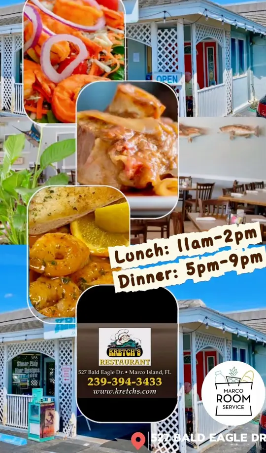 Kretch's Restaurant in Marco Island showing food, daily specials, dinner menu, restaurant promotion, video by Marco Room Service on Facebook