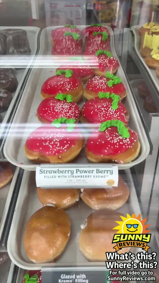 Krispy Kreme in Gainesville showing donut review, chocolate donut, strawberry donut, pac-man themed donuts, video by sunnyreviews.com on TikTok