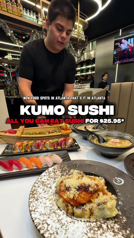 Kumo Sushi in Peachtree Corners showing sushi, all you can eat sushi, video by _sunshineeats on TikTok