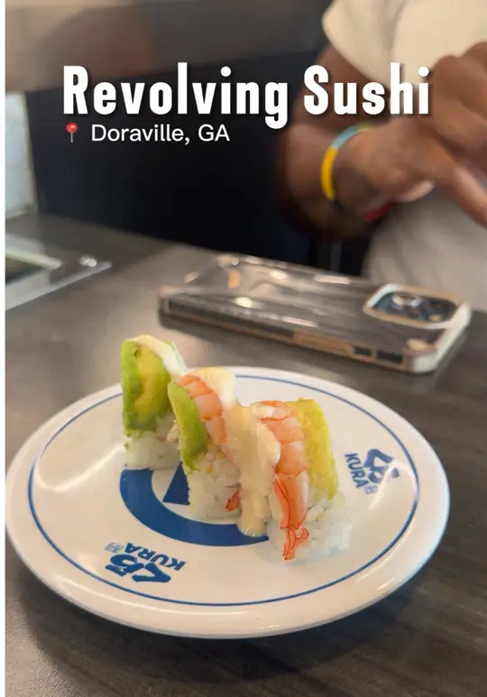 Kura Revolving Sushi Bar in Doraville showing visit, revolving sushi, video by marleamarshey on TikTok