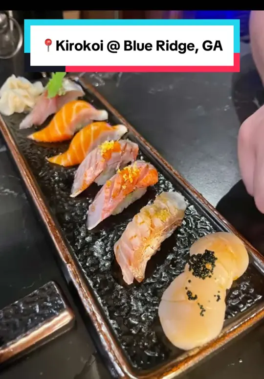 Kurokoi in Blue Ridge showing dinner, gyoza, kurokoi dreams roll, aburi salmon oshizushi, nigiri, video by ohsnapletseat on TikTok