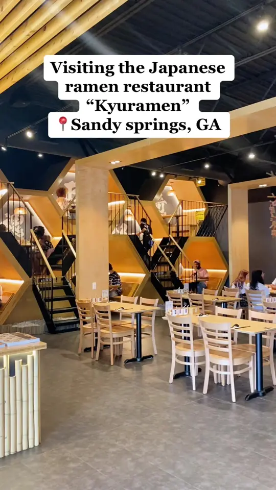 Kyuramen x Tbaar in Sandy Springs showing visit, ramen, tokyo tonkotsu shouyu ramen with black garlic, pork bao, thai tea, omurice, video by bri6910 on TikTok