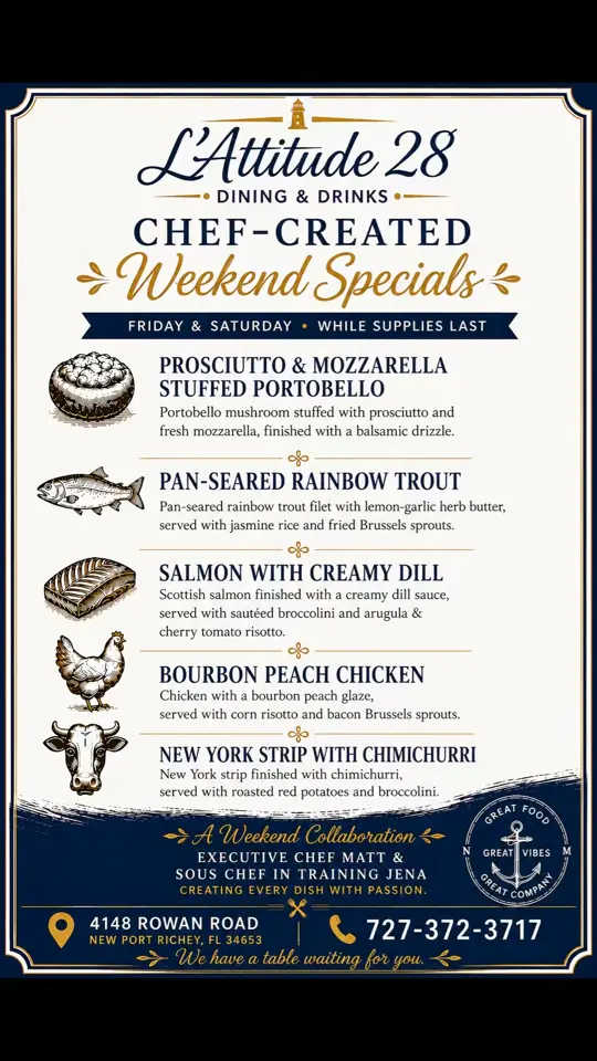 L'Attitude 28 in New Port Richey showing dine, weekend specials, video by L'Attitude 28 on Facebook