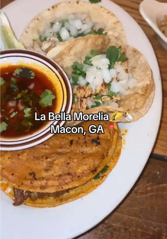 La Bella Morelia in Macon showing food review, birria taco, chipotle chicken taco, chicken taco, mexican rice, video by chass______ on TikTok