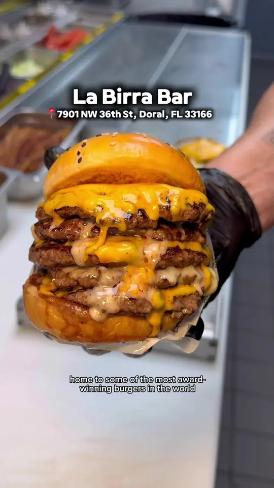 La Birra Bar (Burgers) - Doral in Doral showing burgers, crispy dubai burger, golden burger, spicy velvet burger, ice cream, video by ostwalgonzalez01 on TikTok