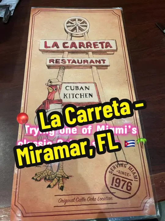 La Carreta in Miami showing review, vaca frita, yellow rice, plantains, pastel de plátano, café con leche, video by realphi on TikTok