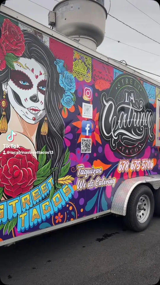 La Catrina Street Tacos in Villa Rica showing food truck, mexican food, video by La Catrina Street Tacos on Facebook