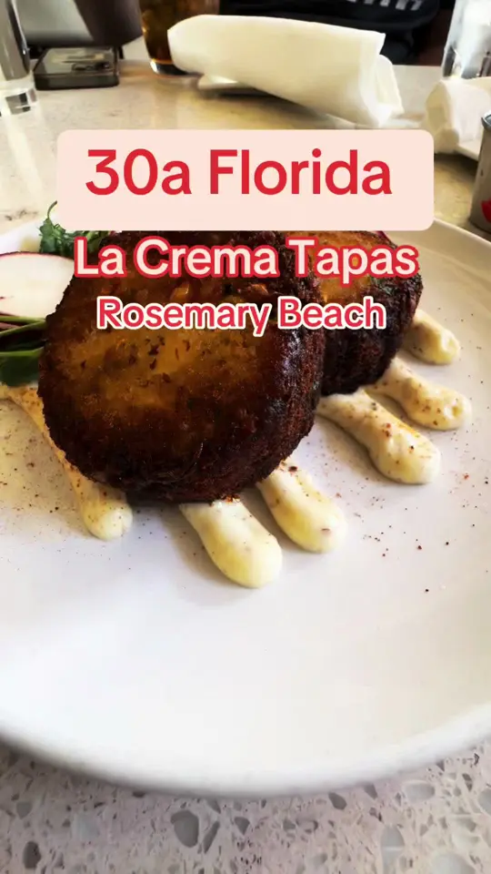La Crema Tapas & Chocolate in Inlet Beach showing tapas, patatas bravas, chorizo with peppers, serrano-wrapped figs, shrimp with garlic, paella, beef tenderloin, chocolate fondue, sipping, video by eattravelrepeat1 on TikTok