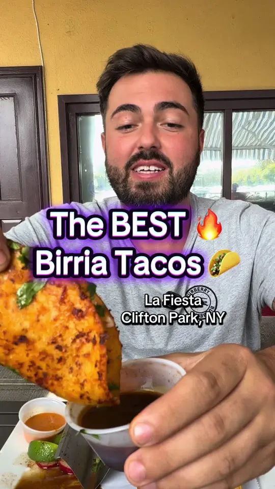 La Fiesta in Albany showing birria tacos, video by domcreviews on TikTok
