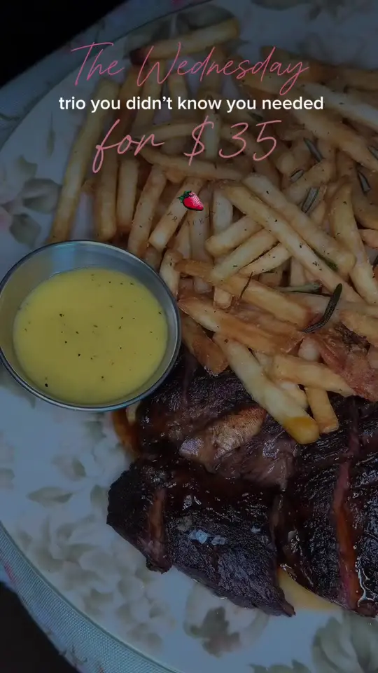 La Fresa Francesa in Hialeah showing steak frites, wine, crepe, video by lafresafrancesahi on TikTok