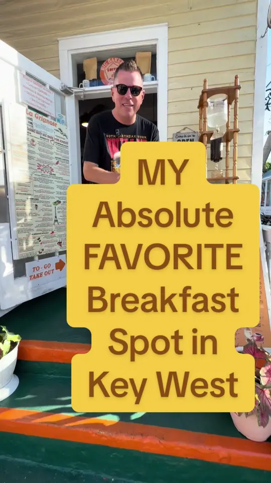 La Grignote in Key West showing review, breakfast, pastry, americano breakfast, belgian waffle, video by keywestshawn on TikTok