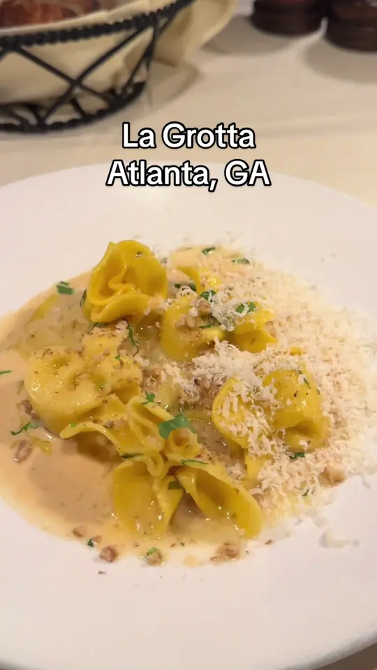 La Grotta Ristorante in Atlanta showing food, beggar's purse pasta, video by highspeeddining on TikTok