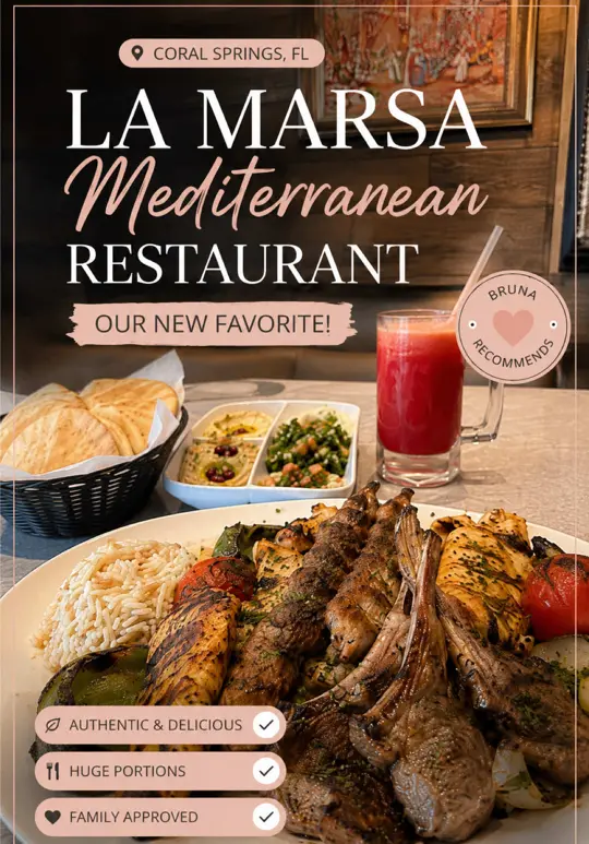 La Marsa Coral Springs in Coral Springs showing review, visit, atmosphere, salad, pita, garlic spread, fresh juices, cobra juice, mint lemona, video by brunarecommends on TikTok