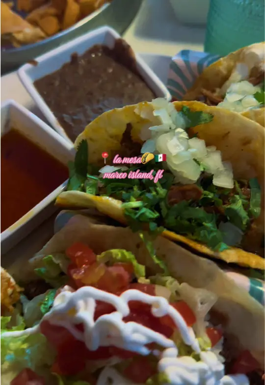La Mesa Taqueria in Marco Island showing review, visit, chips, salsa, queso, guacamole, birria tacos, spicy margarita, video by macedog13 on TikTok