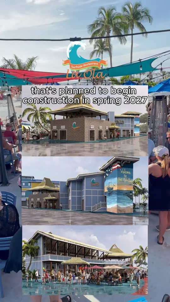 La Ola Surfside Restaurant in Fort Myers Beach showing restaurant history, hurricane recovery, food truck service, bar construction, video by La Ola Surfside Restaurant on Facebook