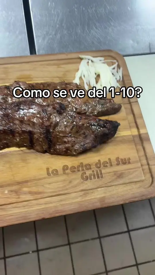 LA PERLA DEL SUR RESTAURANT in Miami showing food, churrasco de ternera, regular con deditos de pescado, video by laperladelsurg on TikTok