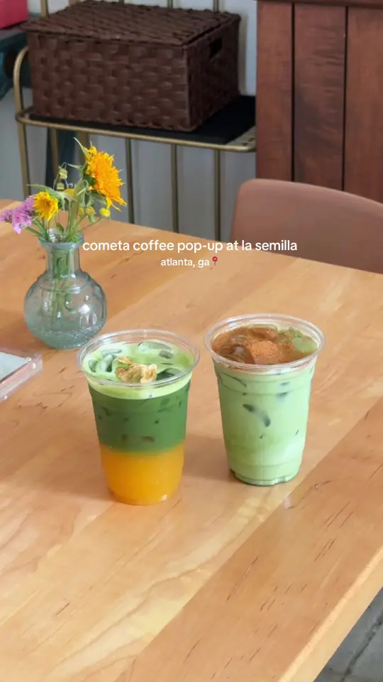 La Semilla in Atlanta showing cafe, cometa coffee pop-up, matcha drinks, horchata inspired latte, passion fruit agua fresca, video by tasteatl on TikTok