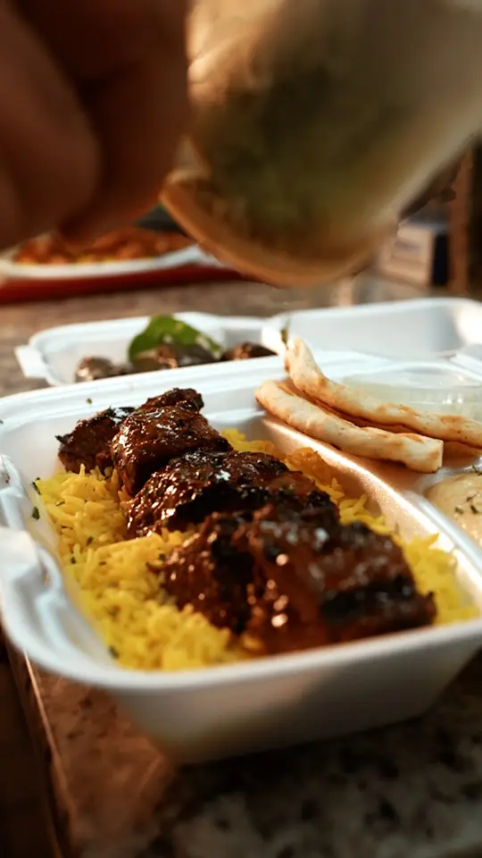 La Shish Kabab in Hapeville showing food, shish kabab, video by Hapeville Spotlight on Facebook