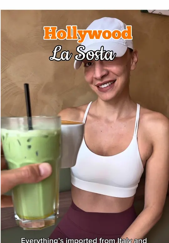 La Sosta in Hollywood showing food, mango matcha, capachino, ricotta toast, avocado toast, mortadella and pesto sandwich, “i’m golden” sandwich, video by ms.soflo on TikTok