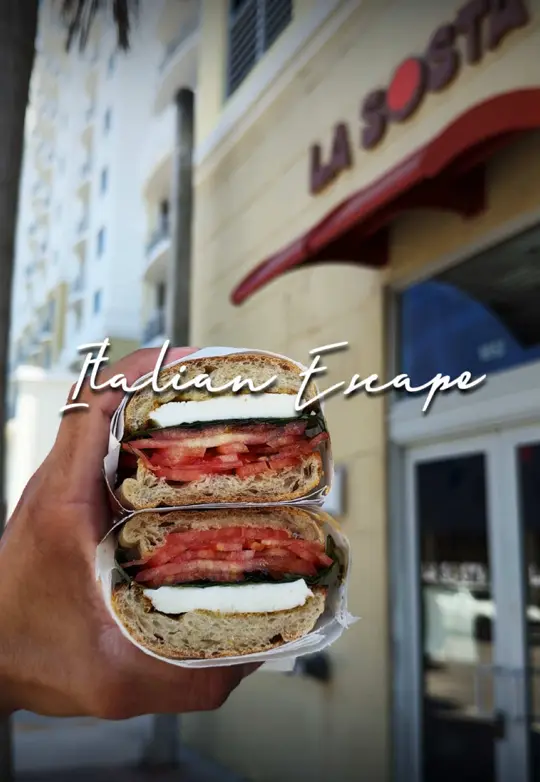 La Sosta in Hollywood showing cafe, atmosphere, sandwich, latte, salmon toast, video by dineinexp on TikTok