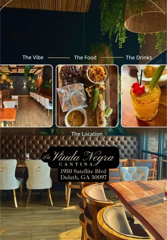La Viuda Negra Cantina in Duluth showing review, visit, food, pulpo al naranja entree, drinks, video by acaponeconnection on TikTok