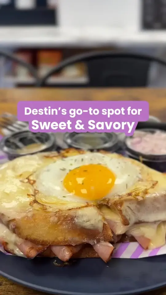 Lady Ray's Culinary Delights in Destin showing review, visit, croque madame sandwich, strawberry & cream iced latte, fig & honey croissant, sticky buns, video by Matt Sheehan TV on Facebook