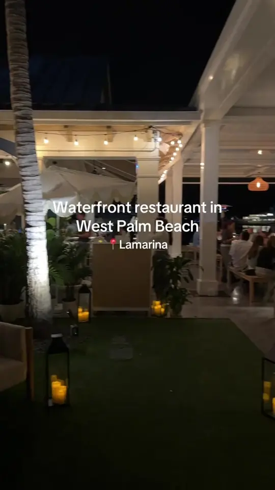Lamarina Restaurant in West Palm Beach showing waterfront dining, mediterranean dips, crispy truffle fries, chopped salad, sushi rolls, gelato, video by thepalmbeaches on TikTok