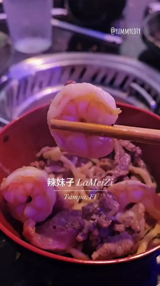 LaMeiZi Hot Pot & BBQ 辣妹子火锅烧烤 in Tampa showing review, buffet style hotpot, mala broth, video by yummycoty on TikTok