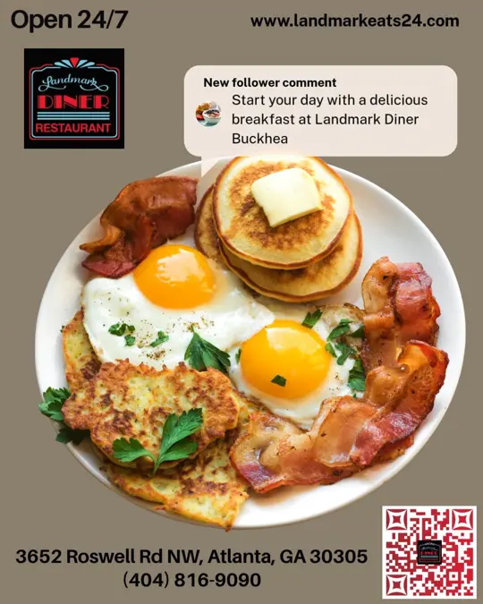 Landmark Diner (Buckhead) in Atlanta showing breakfast, pancakes, eggs, bacon, video by Landmark Diner Buckhead on Facebook