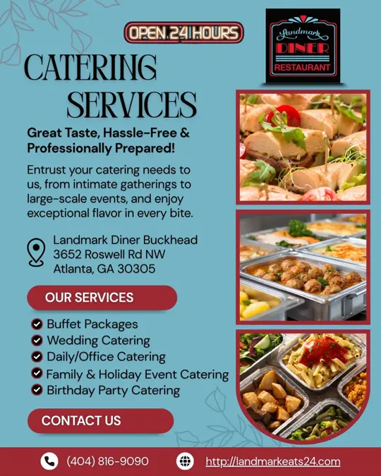 Landmark Diner (Buckhead) in Atlanta showing catering services, buffet packages, wedding catering, office lunch, family gathering, holiday celebration, video by Landmark Diner Buckhead on Facebook