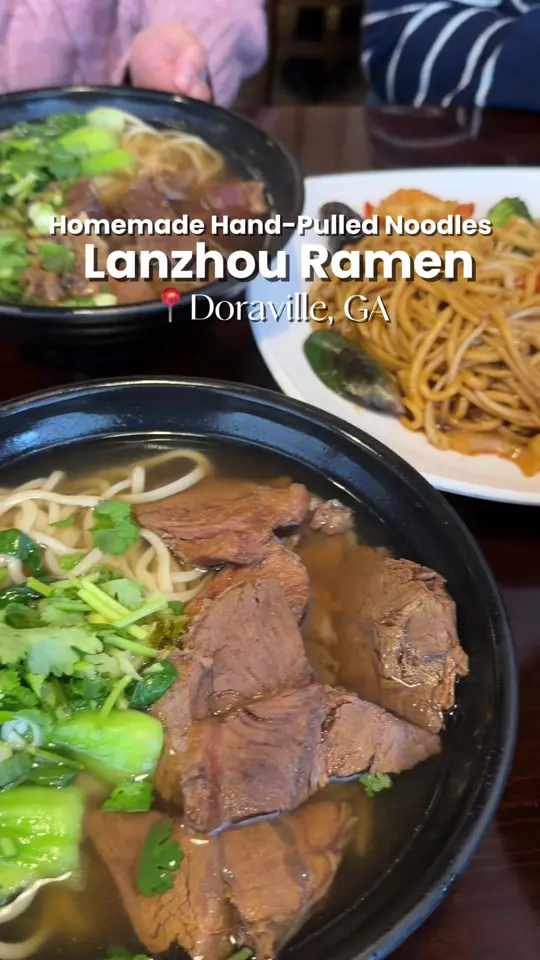 LanZhou Ramen in Doraville showing review, beef hand-pulled noodle soup, video by trayofcravings on TikTok