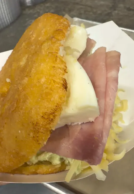Las Arepas De Maria - Doral Yard in Doral showing food, arepa frita con reina pepiada + queso amarillo + jamón + queso guayanés, video by lasarepasdemaria.miami on TikTok