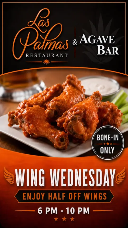 Las Palmas Mexican Restaurant in Rome showing event, wing wednesday, half-off bone-in wings, video by Rancho Viejo Resort & Country Club on Facebook