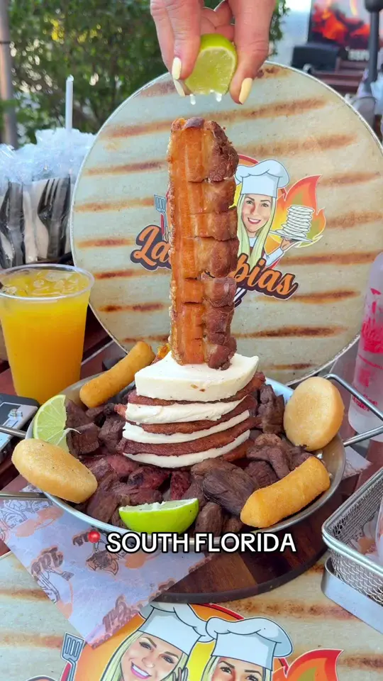 Las Rubias Grill Westchester in Miami showing food, cachapa tower, video by peakacity on TikTok