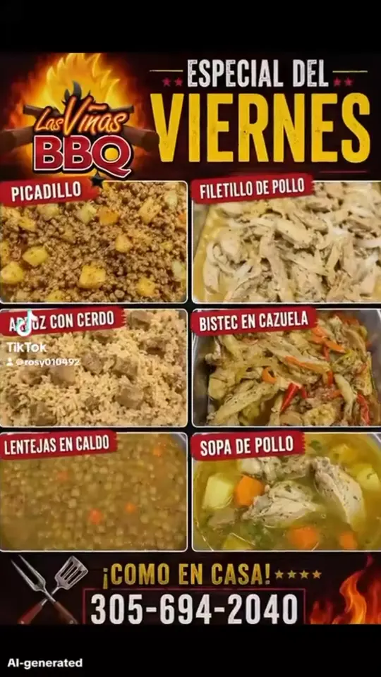 Las Viñas BBQ in Hialeah showing menu items, picadillo, filetillo de pollo, arroz con cerdo, bistec en cazuela, lentejas, sopa de pollo, video by LAS VIÑAS BBQ on Facebook