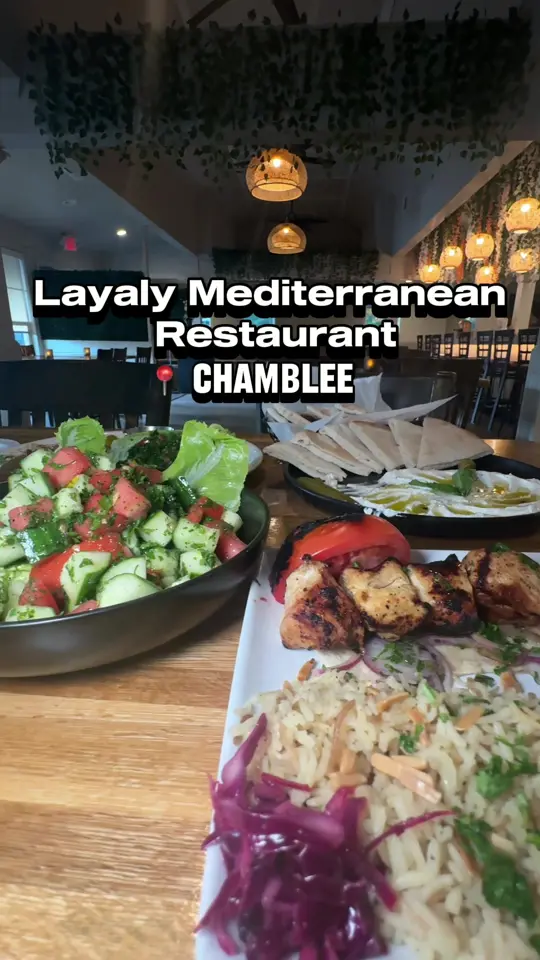 Layaly Mediterranean Restaurant in Chamblee showing review, labneh, layaly mazza, pita bread, layaly salad, chicken kabob, lamb kabob, video by twocentsliyah on TikTok