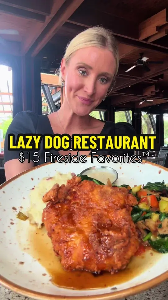Lazy Dog Restaurant & Bar in Boca Raton showing food, fried chicken dinner, mediterranean chicken bowl, loco moco fried rice, bbq ranch bacon burger, video by blondeswhoeat on TikTok