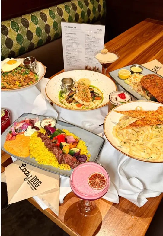Lazy Dog Restaurant & Bar in Dunwoody showing grand reopening, tikka masala meatballs, french onion pastry puff, wild-caught sea bass, pretzel-crusted pork schnitzel, steak and veggie kebabs, camp, video by eat.tray.love on TikTok