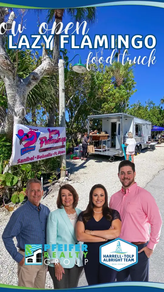Lazy Flamingo in Sanibel showing food truck, grand opening, menu items, clam chowder, conch fritters, big burger burger, video by kasey_albright on TikTok